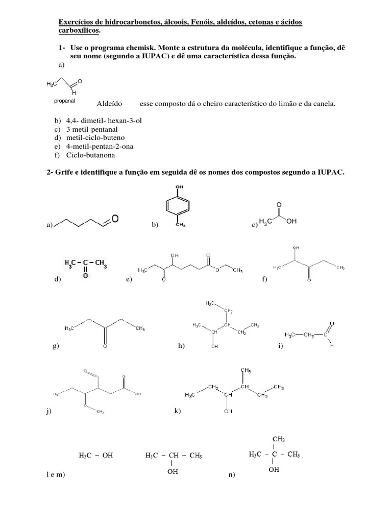 Exercícios de Funções Orgânicas: Hidrocarbonetos, Álcoois, Fenóis ...