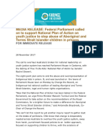 Federal Parliament Called On To Support National Plan of Action On Youth Justice To Stop Abuse of Aboriginal and Torres Strait Islander Children in Prisons