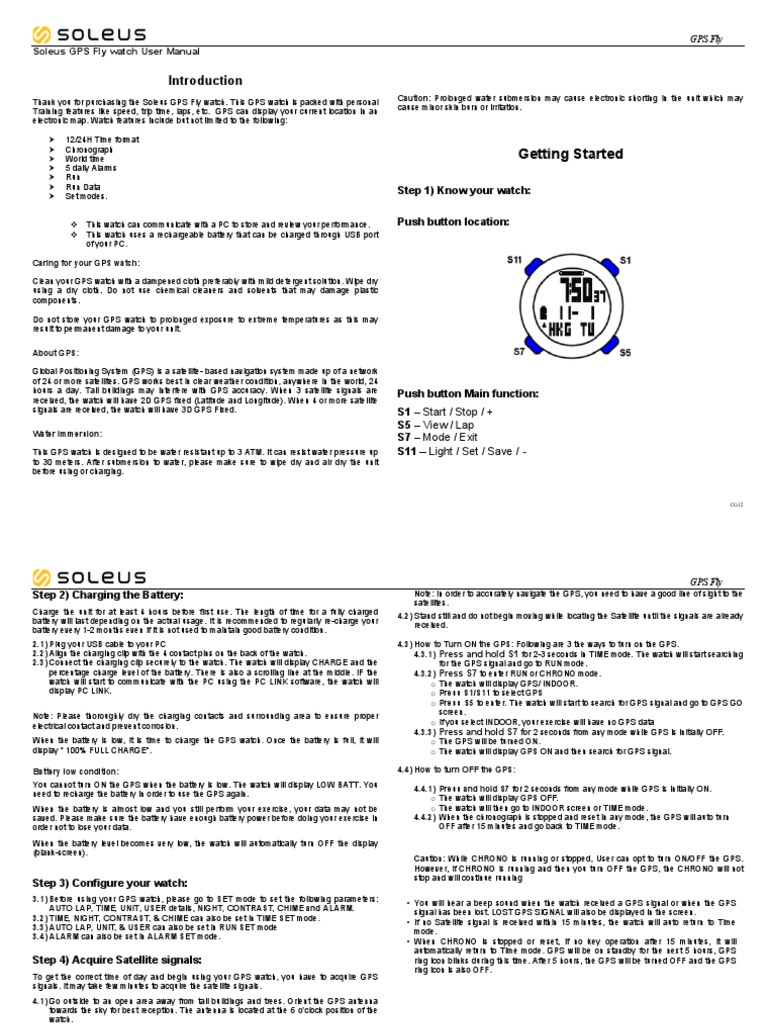 Getting Started Soleus GPS Fly Watch User Manual PDF Global