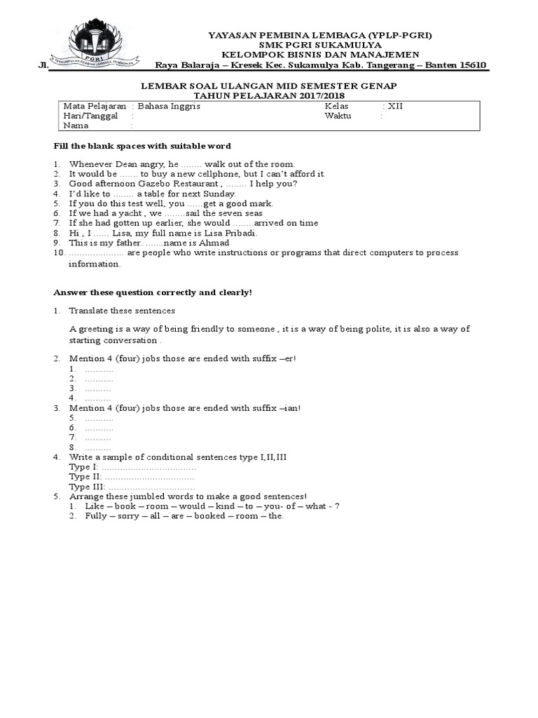 Soal Essay Bahasa Inggris Kelas Xii Semester 2 Tulisan