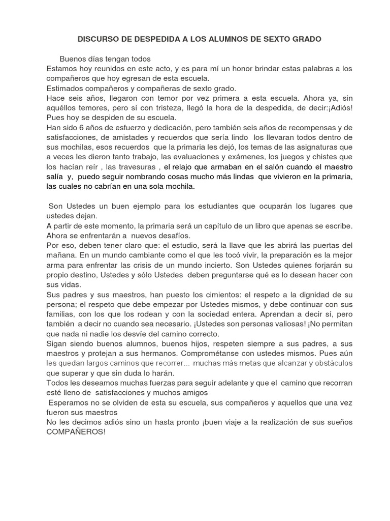 Discurso de Despedida A Los Alumnos de Sexto Grado | PDF | Ocio