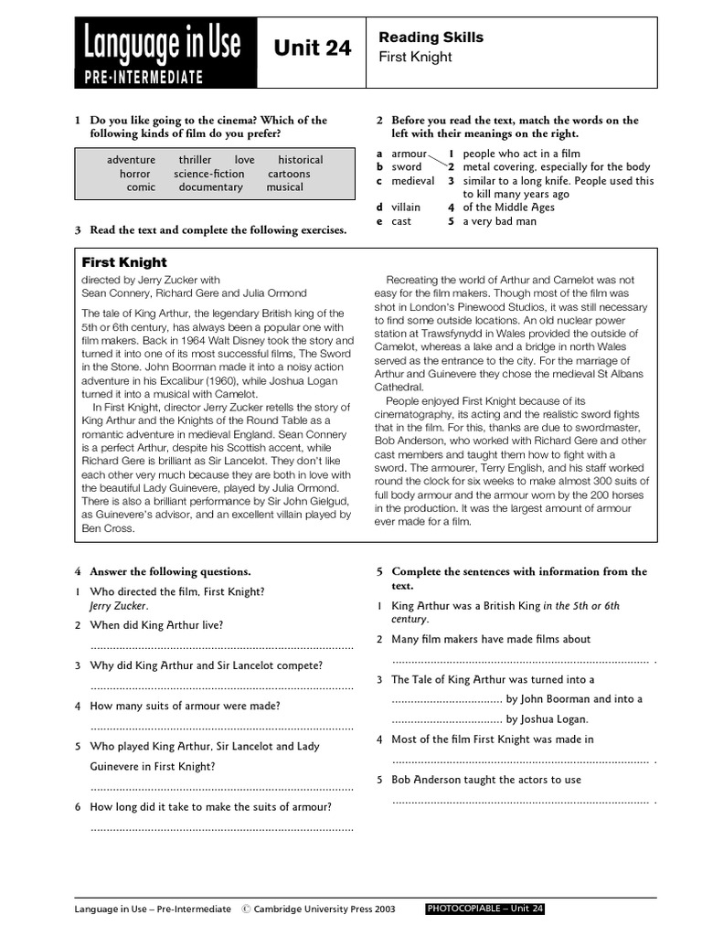 Language in Use Pre Intermediate Unit24 Worksheet PDF | PDF | Arthurian ...