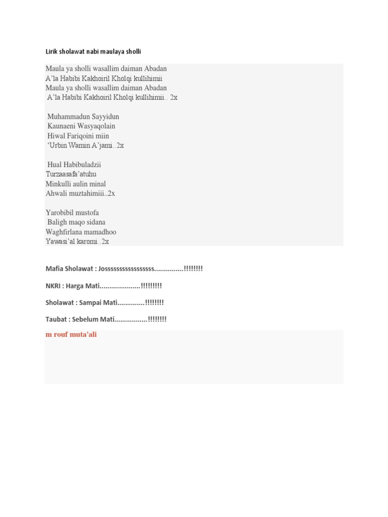 Lirik Sholawat Nabi Maulaya Sholli