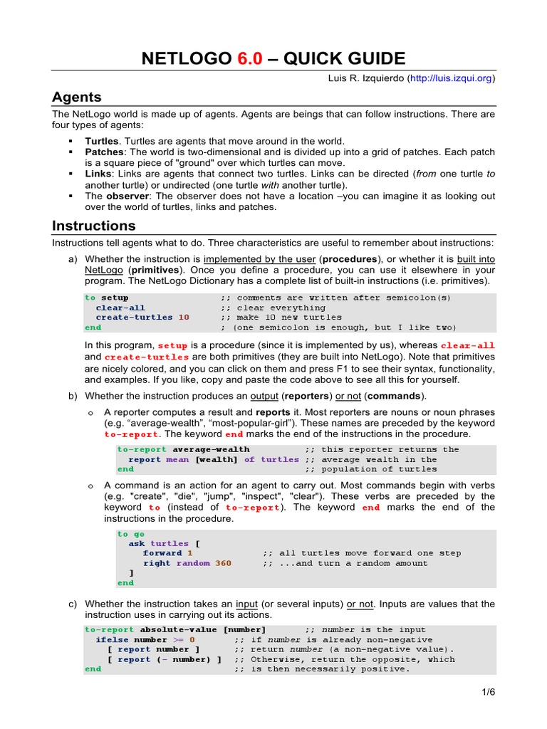 NetLogo 6 0 QuickGuide PDF Variable Science) Subroutine