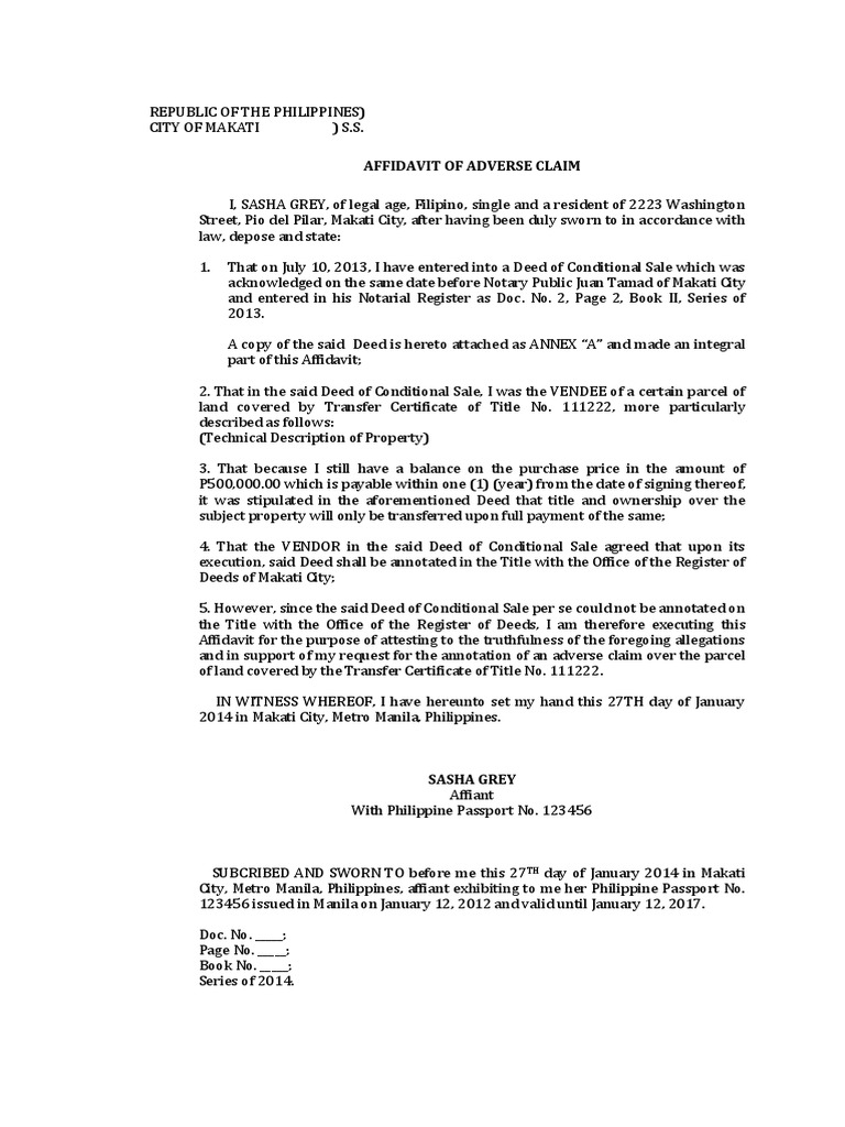 Affidavit of Adverse Claim | PDF | Deed | Makati