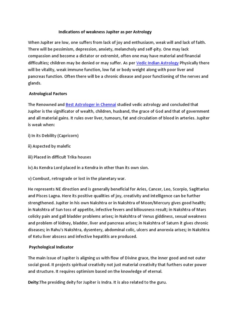 Indications of Weakness Jupiter As Per Astrology | PDF