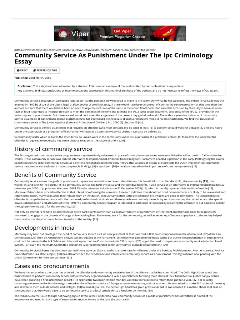 Community Service as Punishment Under the Ipc Criminology Essay Bail