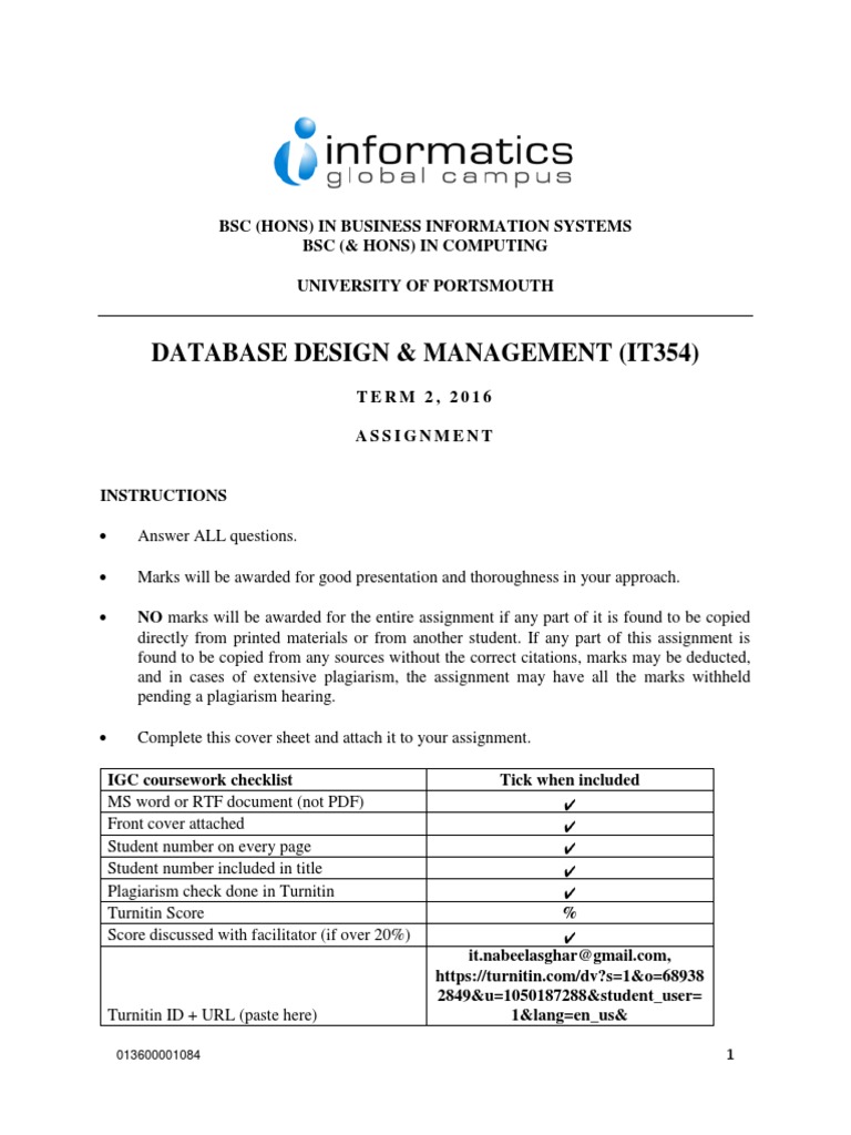 IT354 Database Design Assignment | PDF | Turnitin | Relational Database