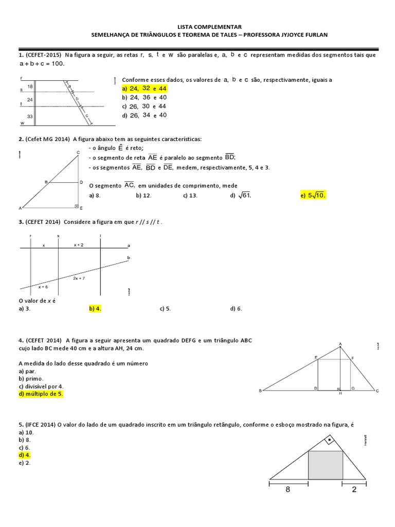 Lista Tales E Semelhanca De Triangulos Triangulo Ensino De Matematica
