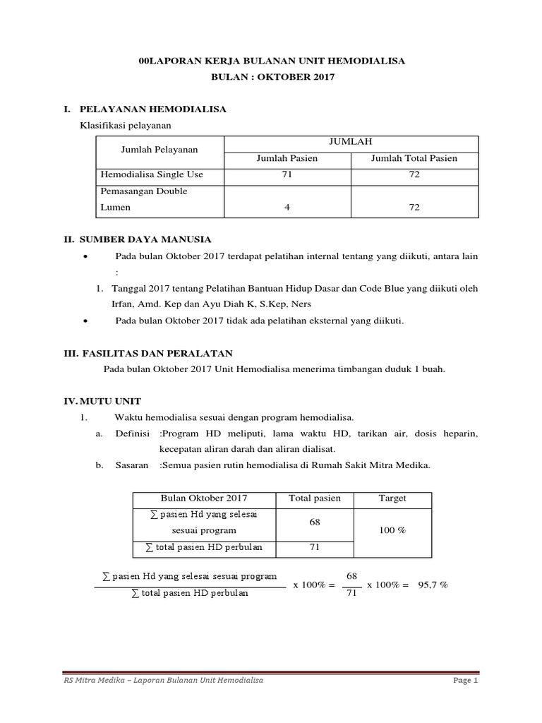 Laporan Kerja Bulanan Unit Hemodialisa