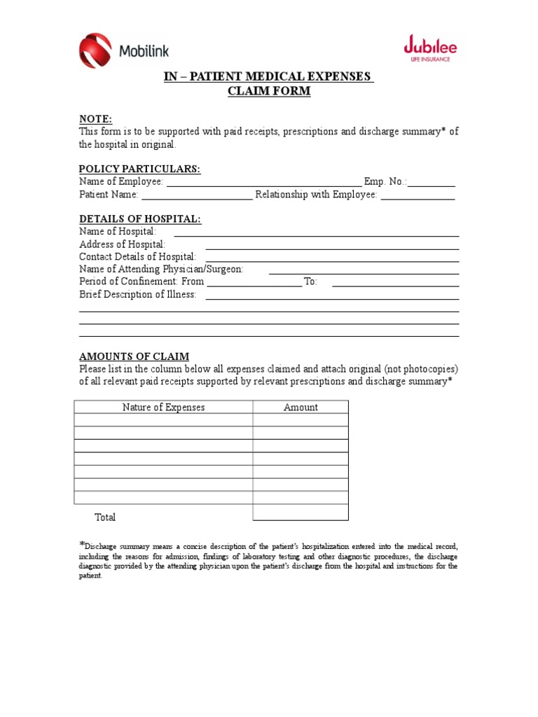 InPatient Claim Form Jubilee Life Insurance PDF Patient Medical