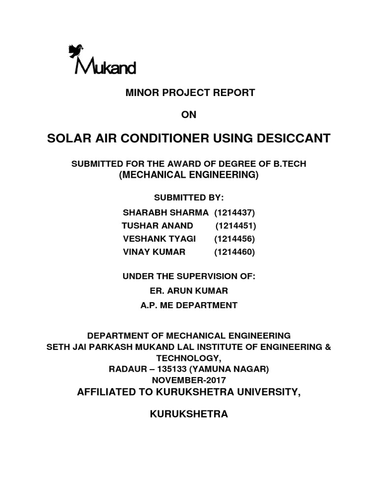Solar Air Conditioner Using Desiccant: Minor Project Report ON | PDF