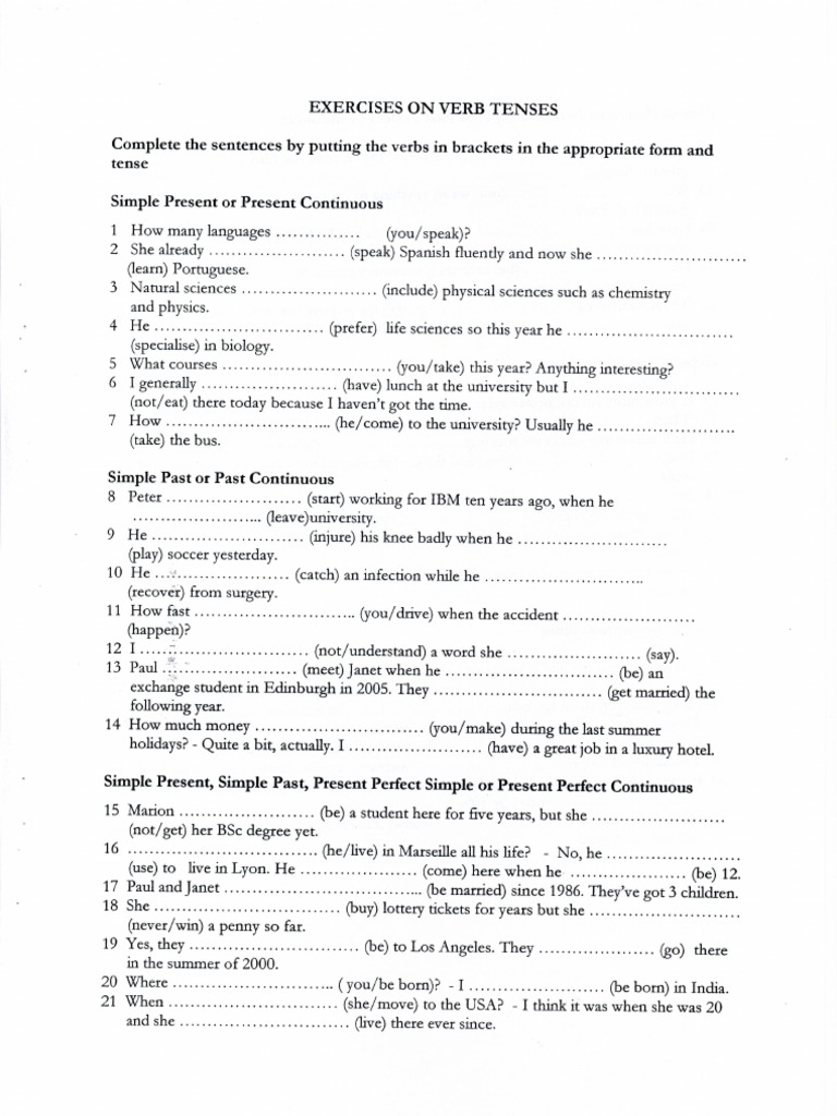 Exercises On Verb Tenses PDF | PDF