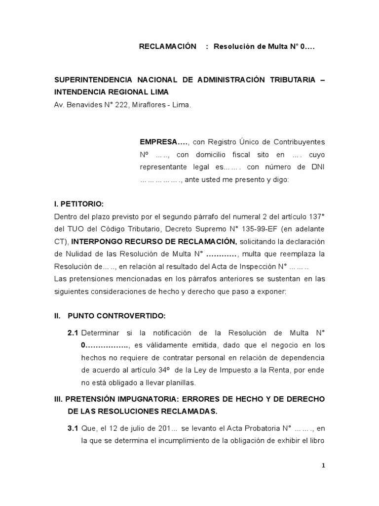 Reclamacion de Resolucion de Multa PDF Impuestos Instituciones