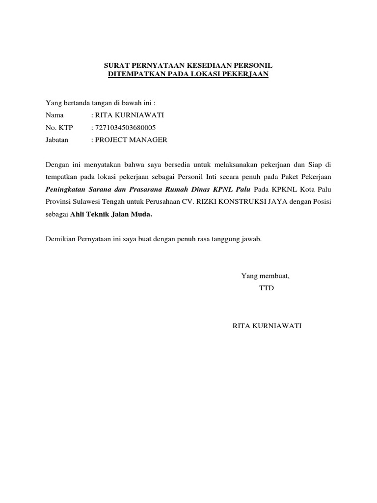 Surat Pernyataan Kesediaan Personil