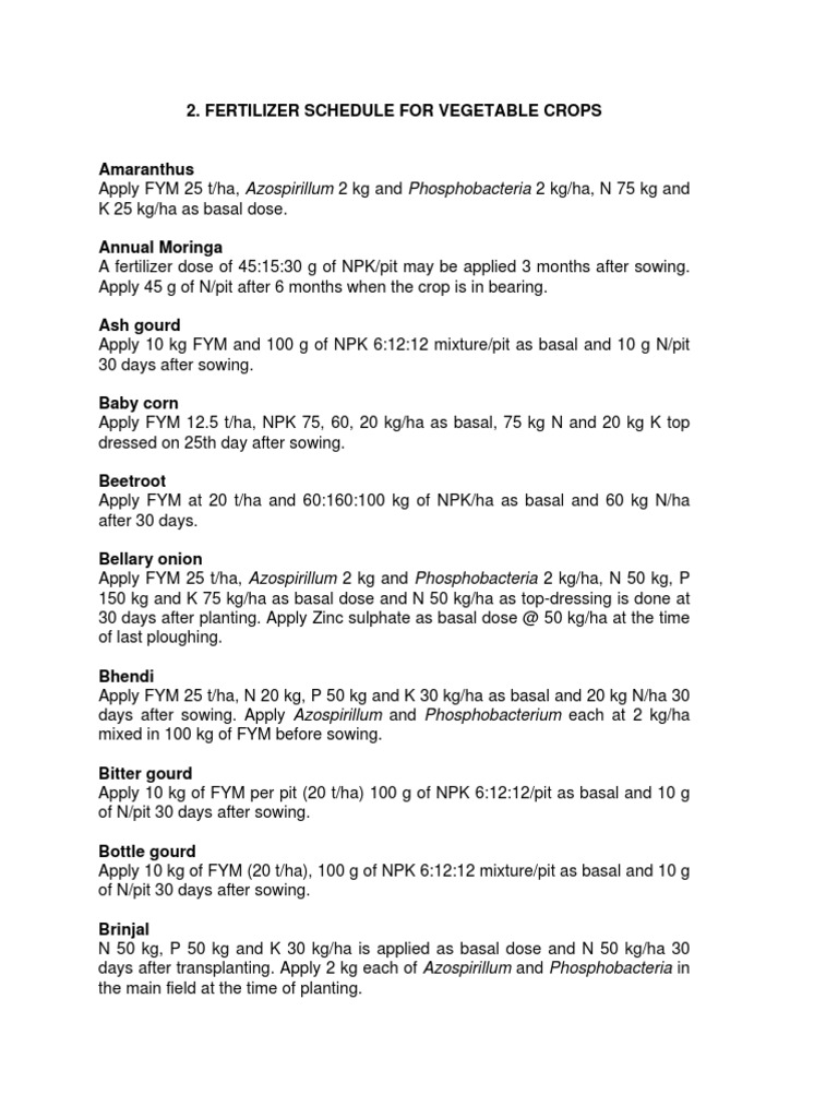 Vegetable Crop Fertilizer Schedules | PDF | Fertilizer | Potassium