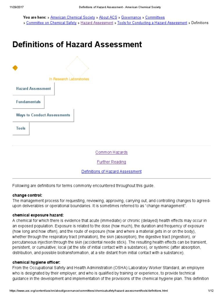 Definitions of Hazard Assessment Hazards Laboratories