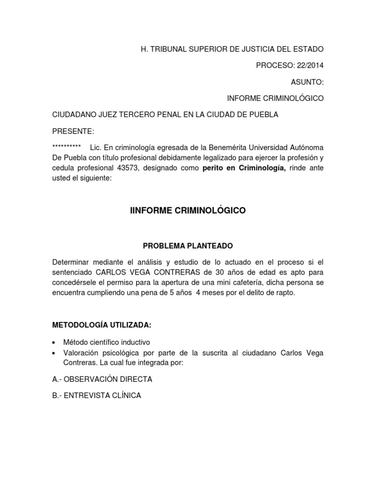 Ejemplo De Informe Criminol gico Criminolog a Delito
