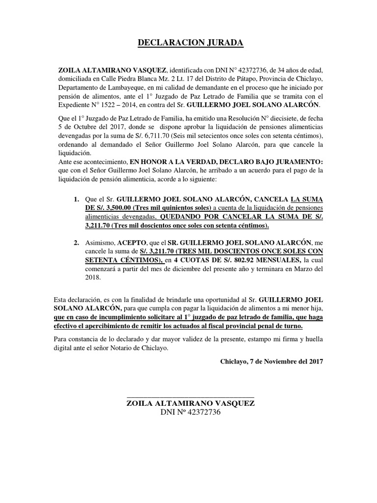 Declaracion Jurada de Pension Alimenticia Alarcon | PDF | Cocina, comidas y  vino | Derecho