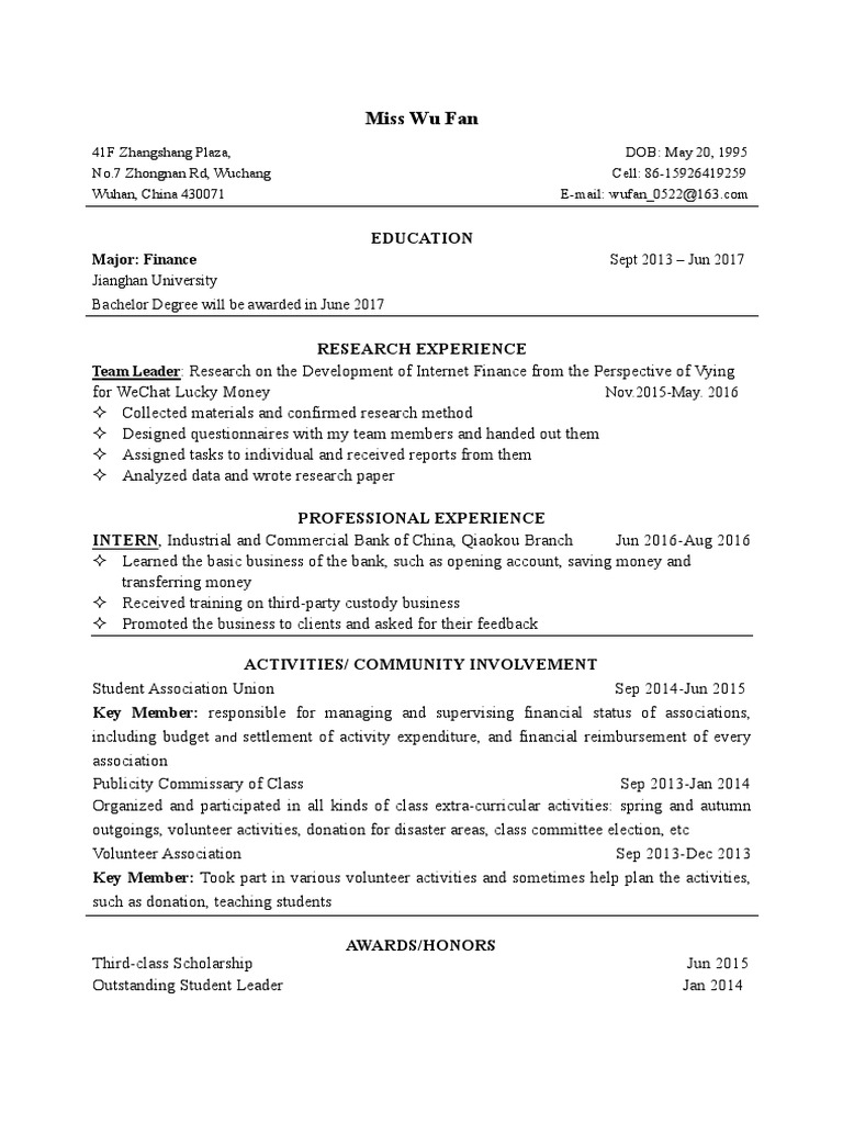 Miss Wu Fan - Finance Graduate Resume | PDF