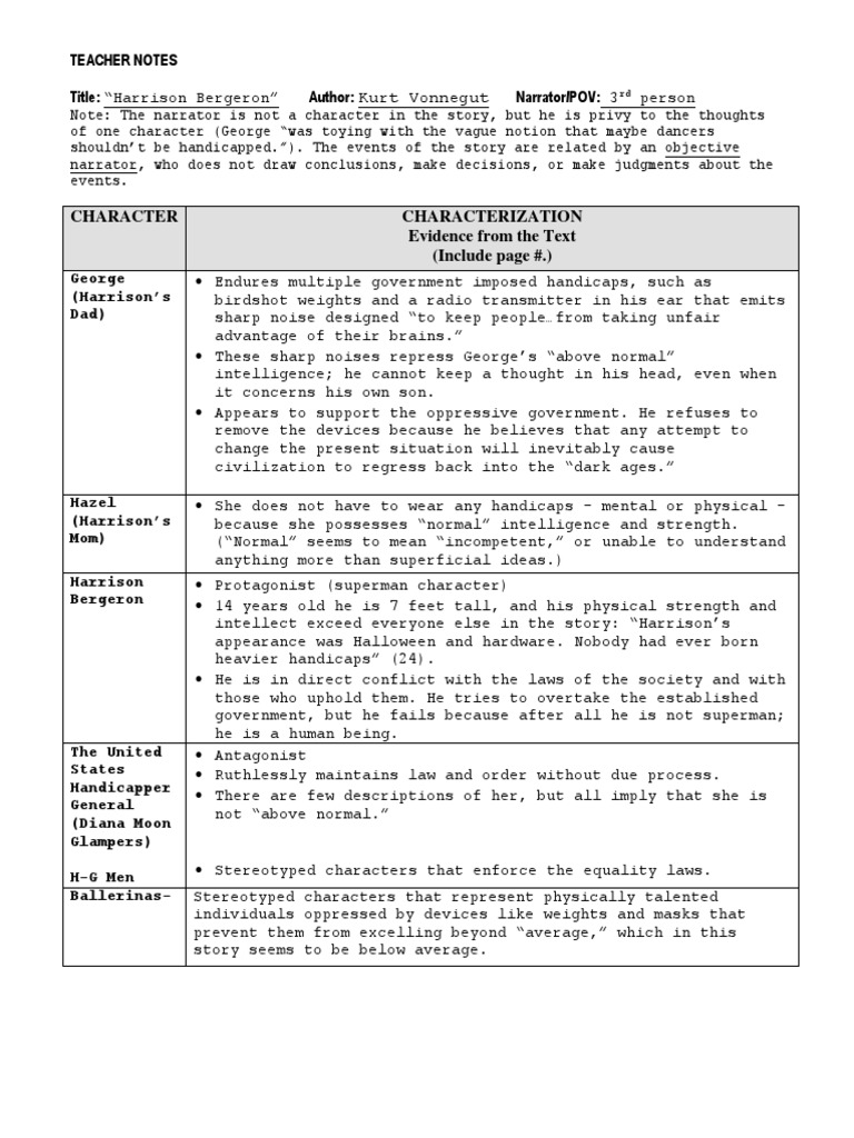 harrison bergeron short story note sheet teacher copy