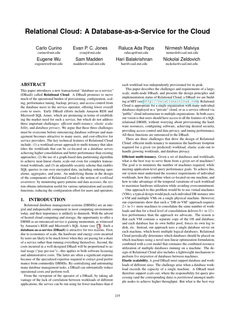 Relational Cloud A Database As A Service For The Cloud Pdf