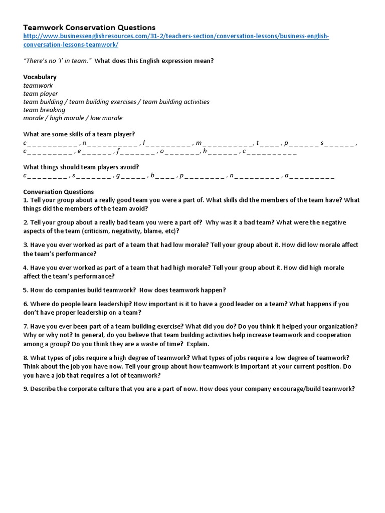 Teamwork Conservation Questions | PDF