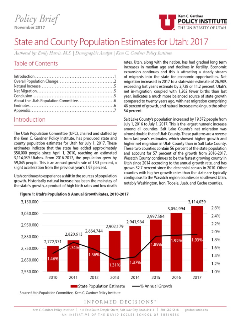 State and County Pop Estimates Nov 2017 PDF Utah Population Growth