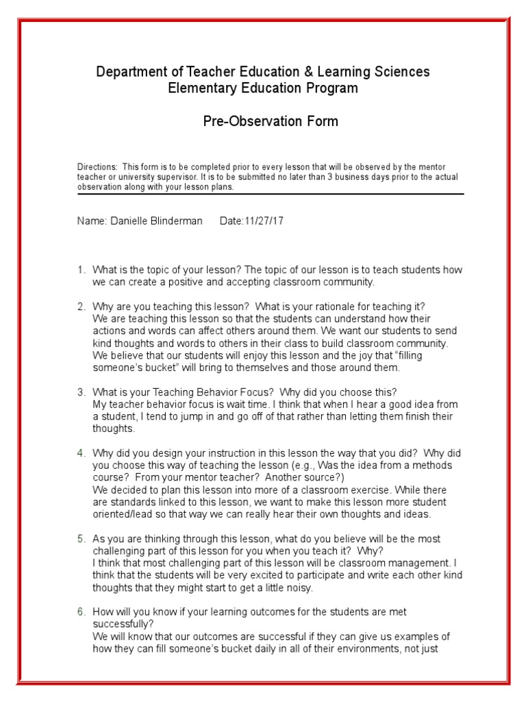 Pre-Observation Form for Classroom Lesson | PDF | Mentorship | Teachers