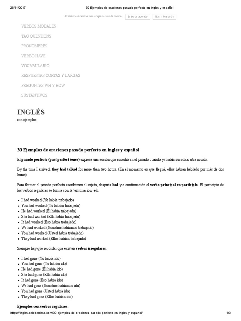 30 Ejemplos de Oraciones Pasado Perfecto en Ingles y Español PDF | PDF ...