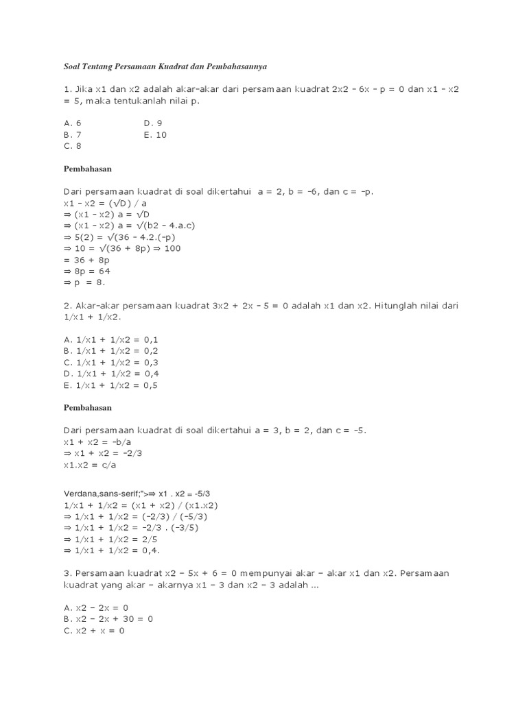 Soal Tentang Persamaan Kuadrat Dan Pembahasannya