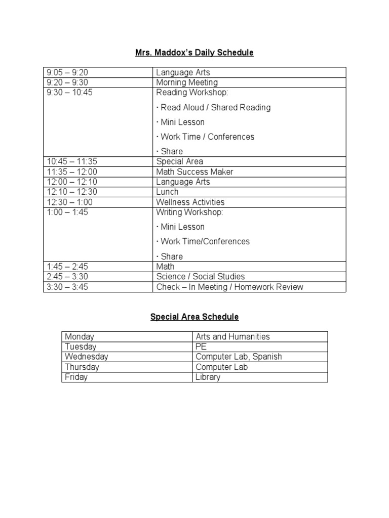 Mrs Maddoxs Daily Schedule | PDF | Career & Growth | Language Arts ...