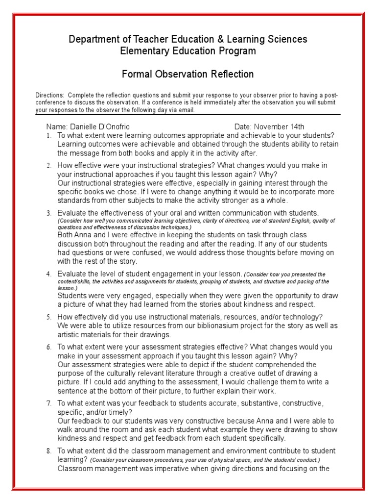 Postobservationreflection | PDF | Classroom Management | Educational ...