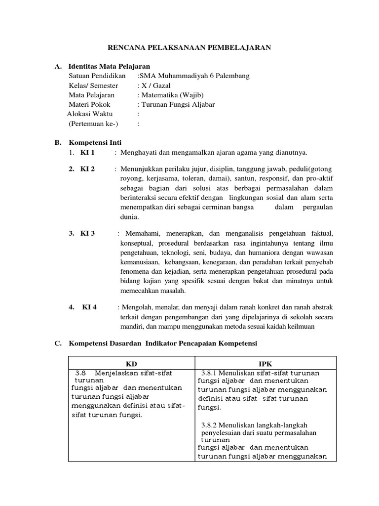 Rpp Turunan Fungsi Aljabar