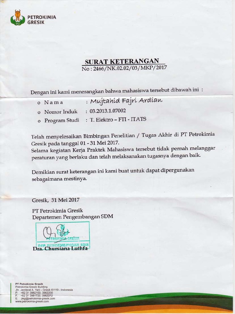 Surat Keterangan Pt Petrokimia Gresik