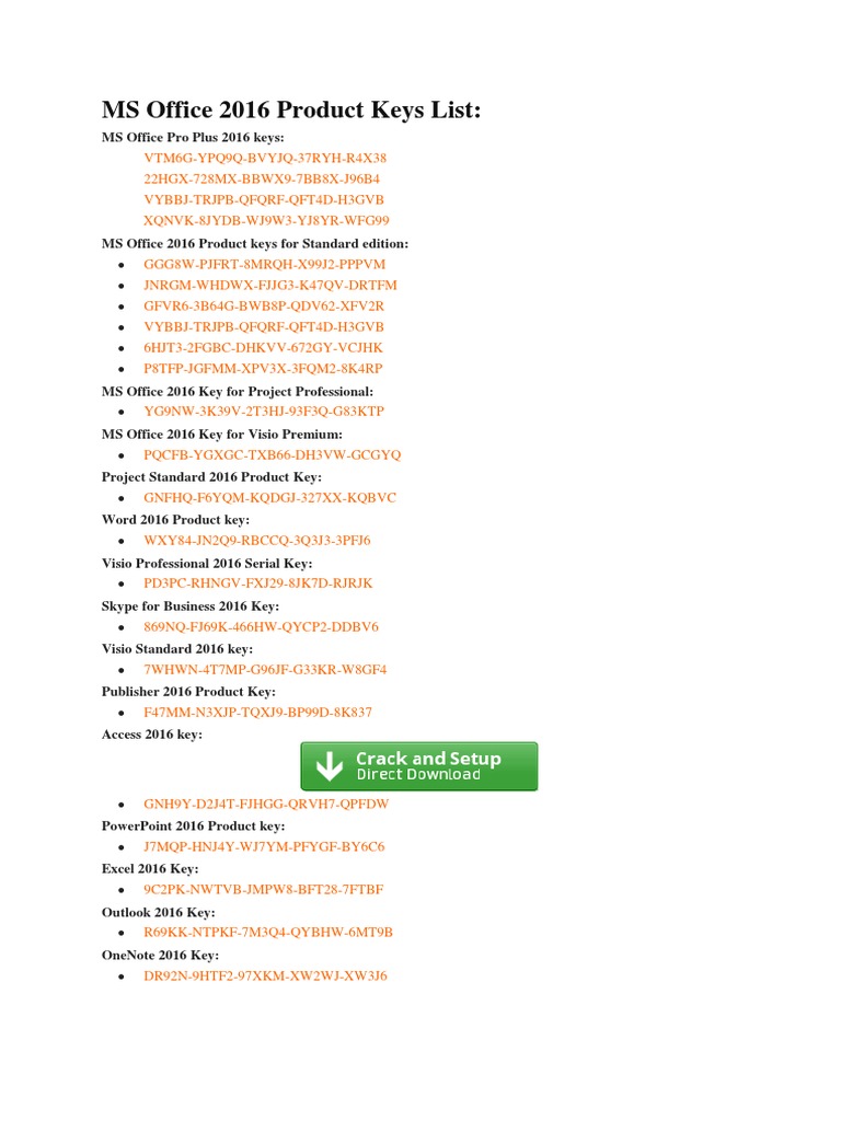 MS Office 2016 Product Keys List PDF