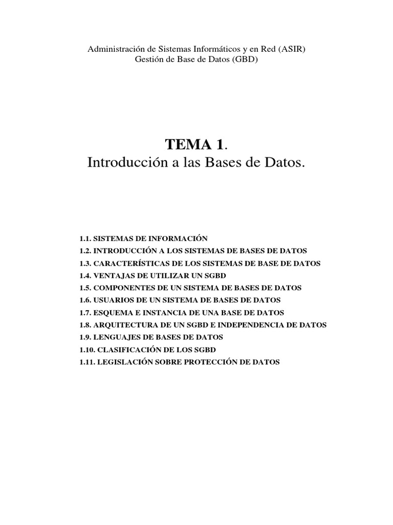 Tema 1. Introduccion A Las Bases de Datos PDF | PDF | Bases de datos ...