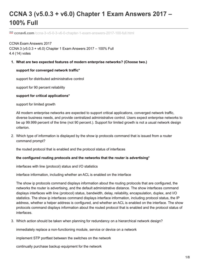 CCNA 3 v503 v60 Chapter 1 Exam Answers 2017 100 Full | PDF | Network ...