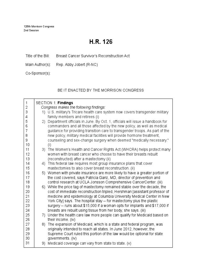 Breast Cancer Survivor's Act H.R. 126 | PDF | Wellness | Medical