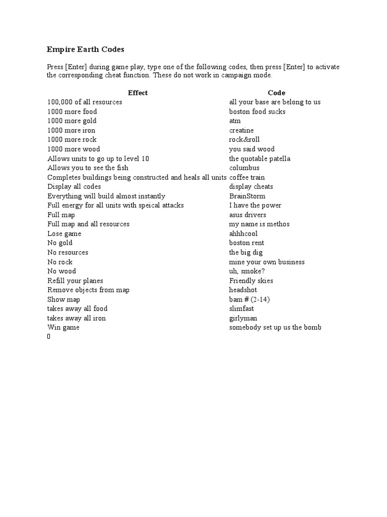 Empire Earth Codes: Effect Code | PDF