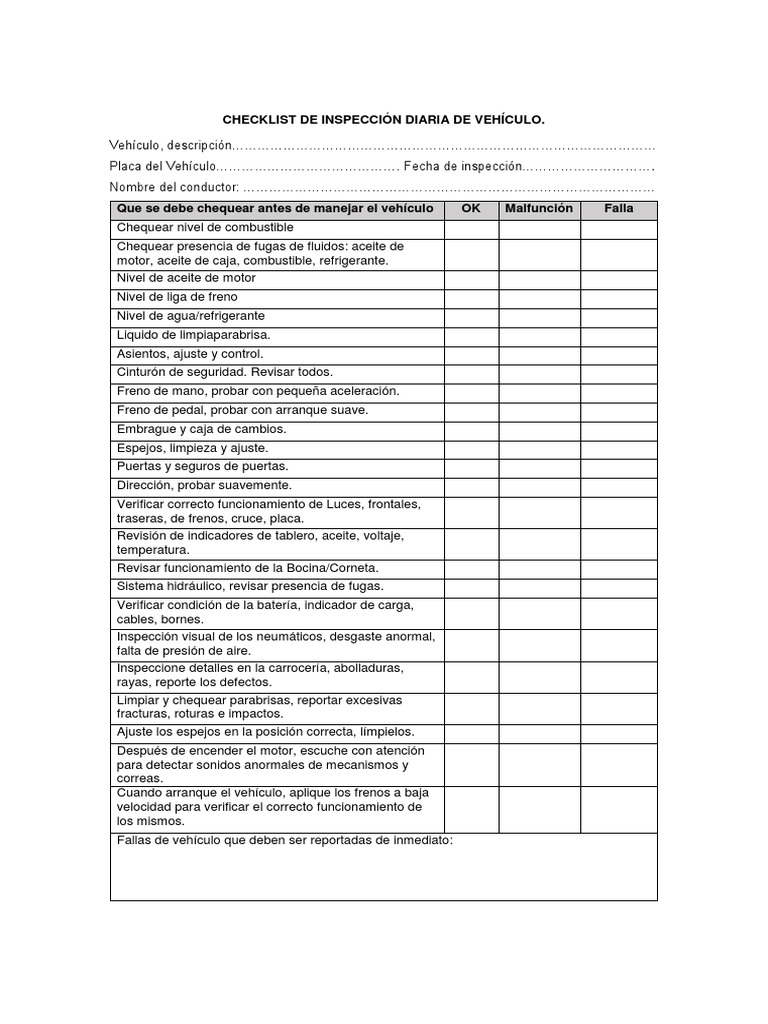 Formato Checklist De Inspección Diaria De Vehículo Orden Y Limpieza