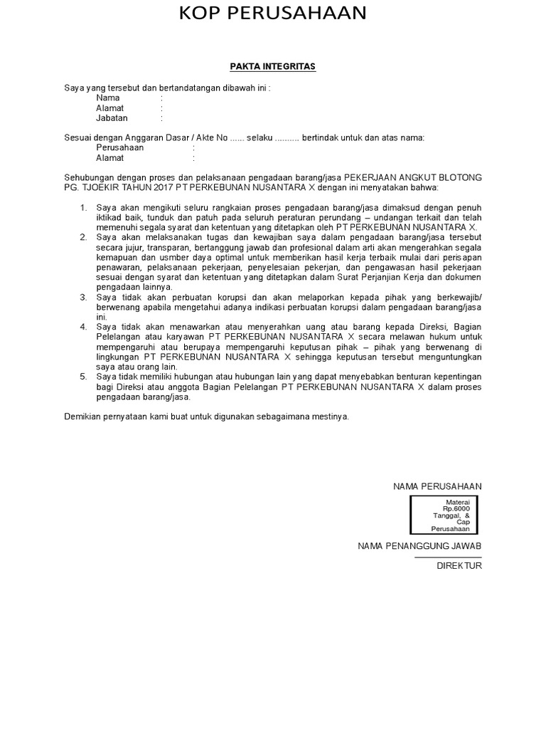 Contoh Pakta Integritas