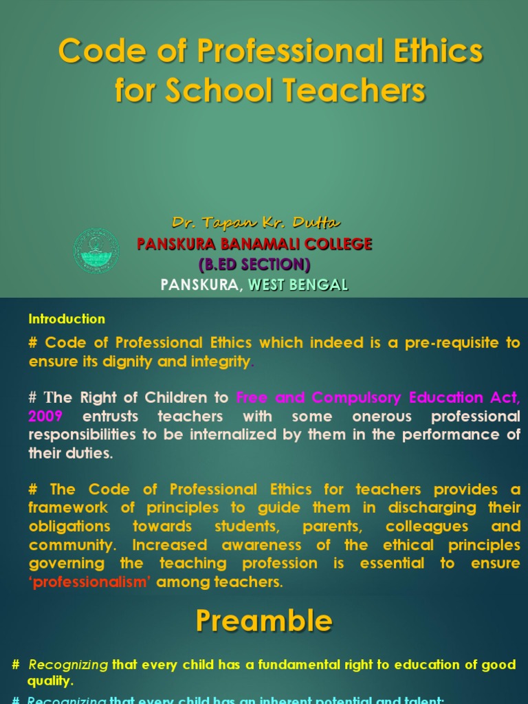 Code Of Professional Ethics For School Teachers Pdf Teachers Applied Ethics
