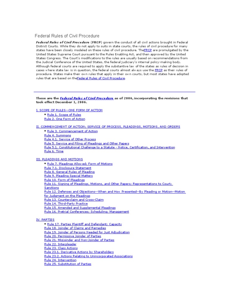 Overview of Federal Civil Procedure Rules | PDF | Federal Rules Of ...