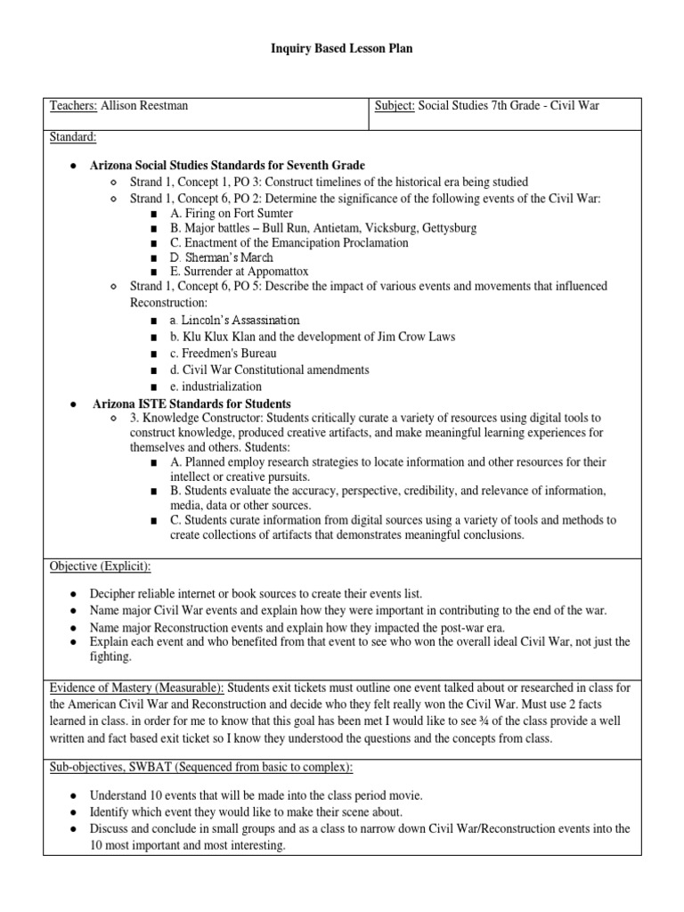 Inquiry Based Lesson Plan | PDF | American Civil War | Reconstruction Era