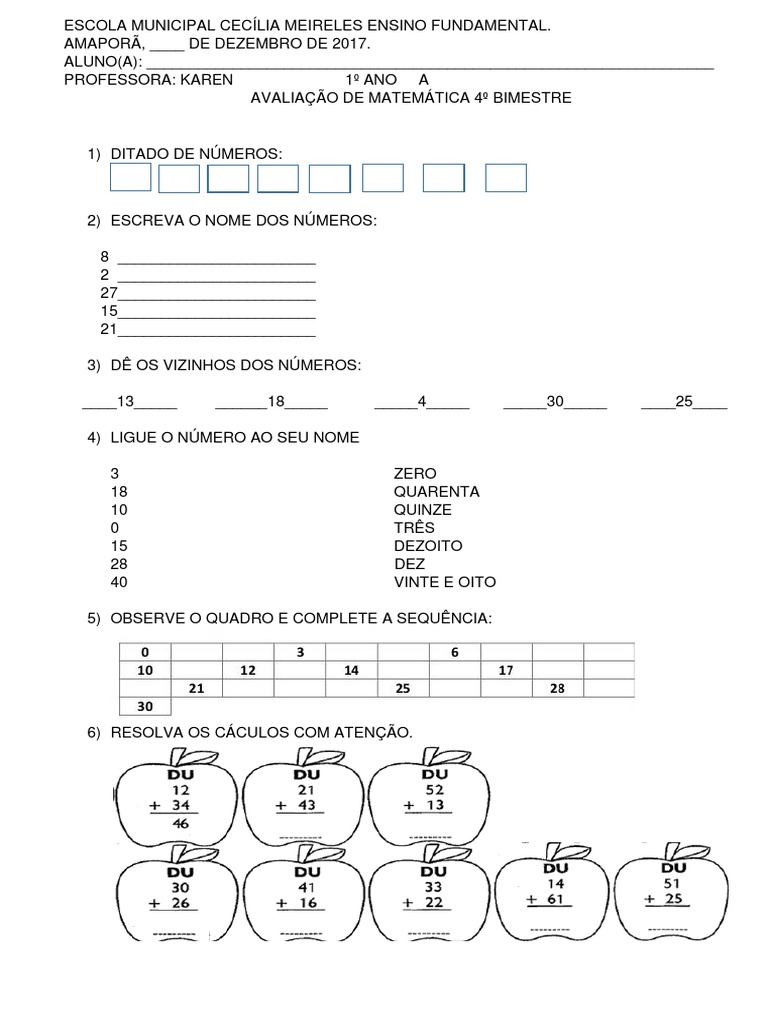 Avaliação Matematica 1 Ano 4 Bimestre