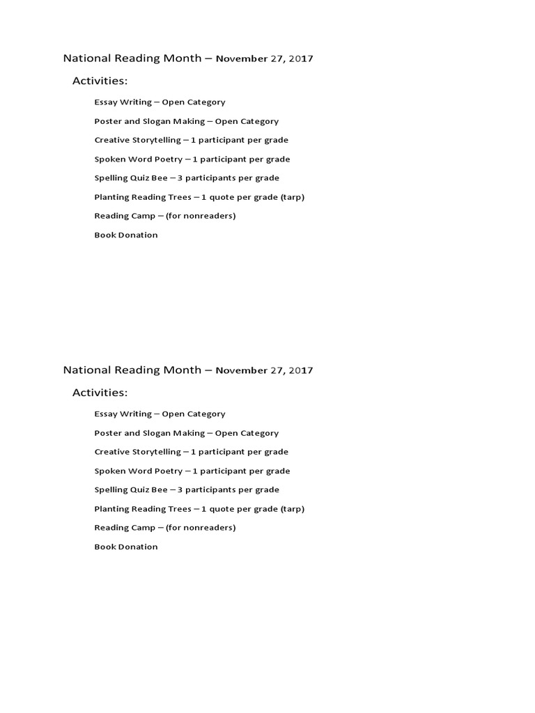 National Reading Month Activities 2025 | PDF