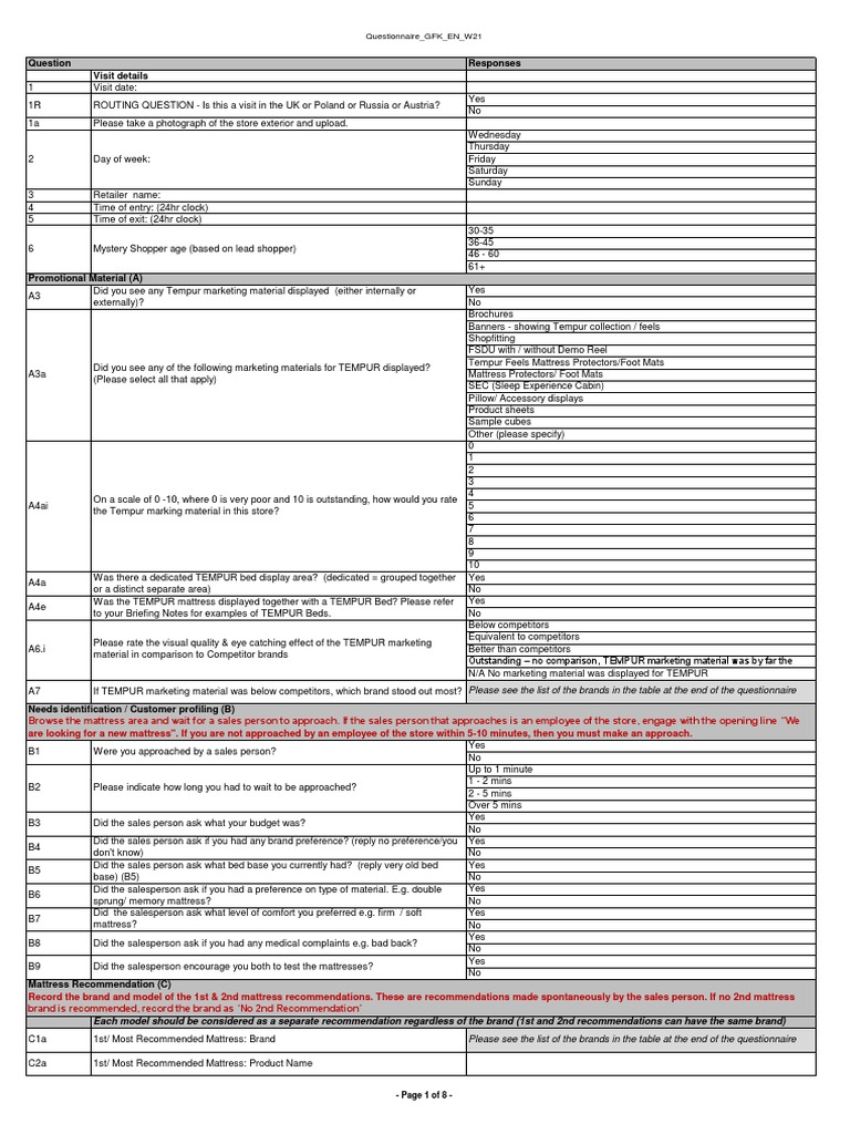 Questionnaire GFK en W21 PDF Mattress Bedding