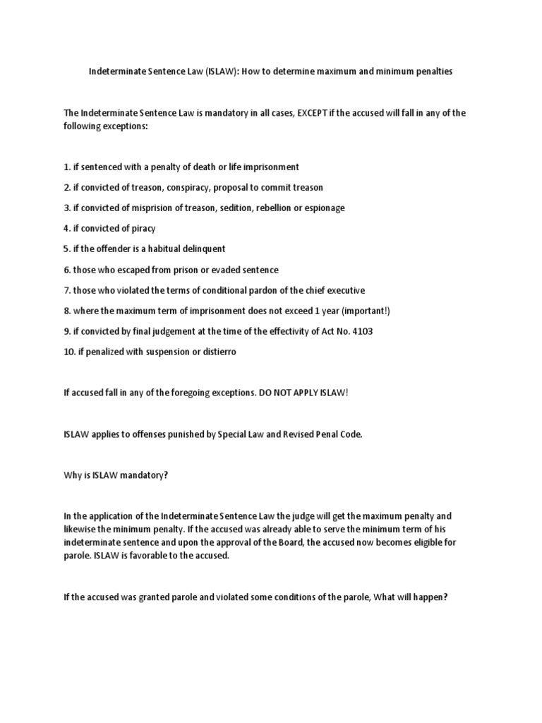 Indeterminate Sentence Law Sentence Law Parole