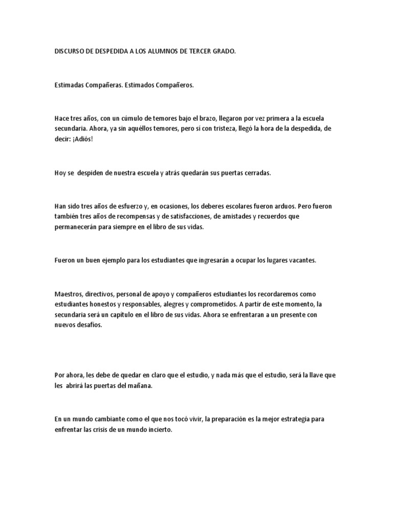 Discurso De Despedida De Graduación De La Escuela Secundaria